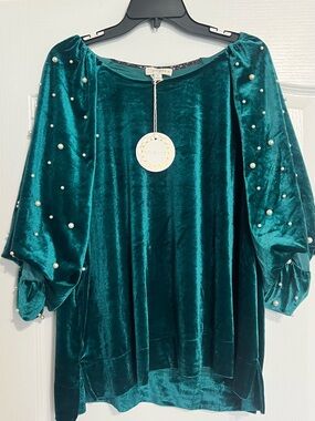 Umgee NWT Teal Velvet Pearl-Embellished Balloon-Sleeve Tunic Sz.XL
